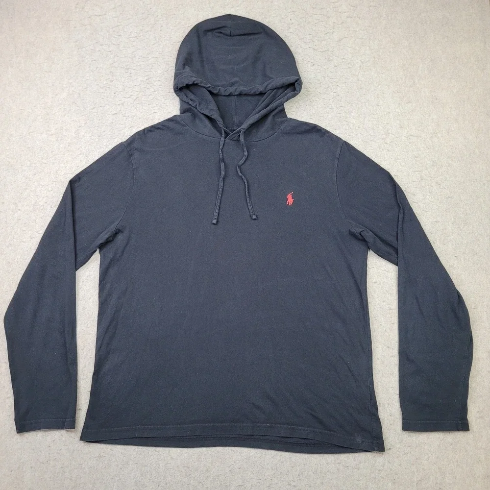 Polo Ralph Lauren Hoodie Shirt Mens Large Black Pullover Drawstring Lightweight‎